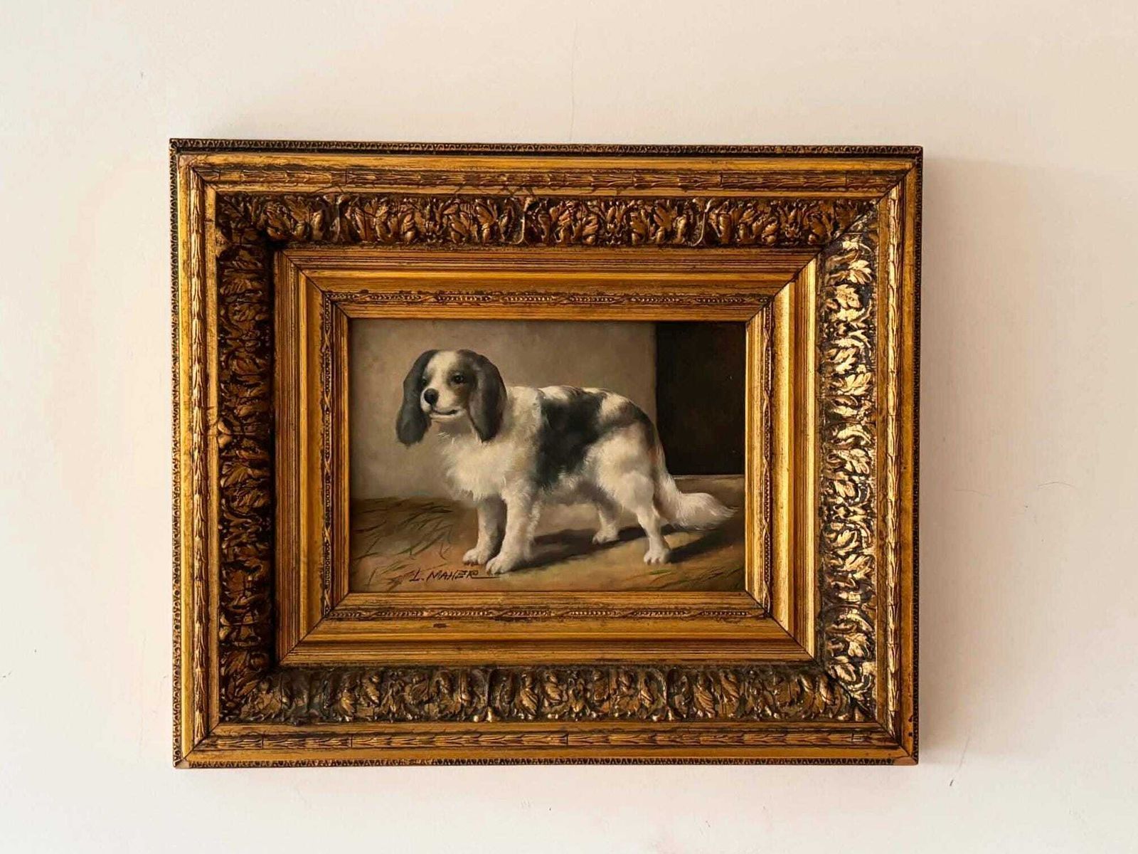 Antique Dog Painting Signed L. Maher, Spaniel Portrait In Ornate Gilt Frame photo Art