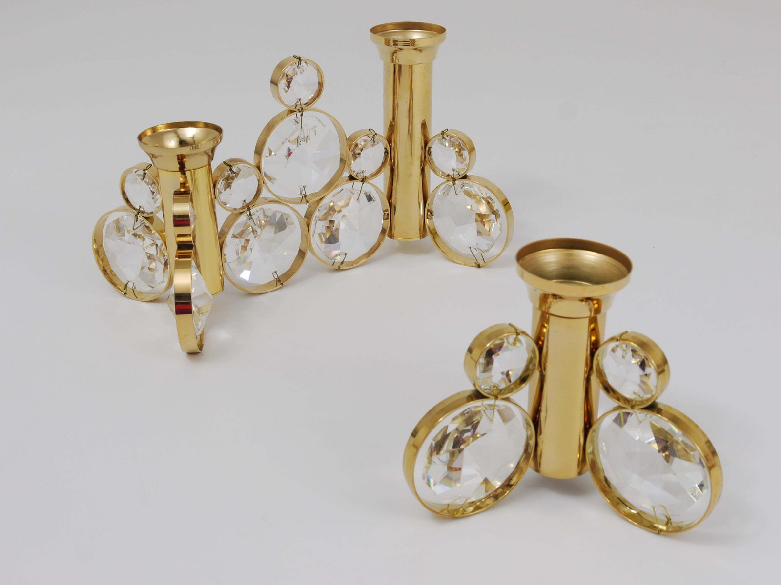 Home Decor Palwa Gaetano Sciolari Style Brass & Crystal Candle Holder Candlestick, 1970s photo
