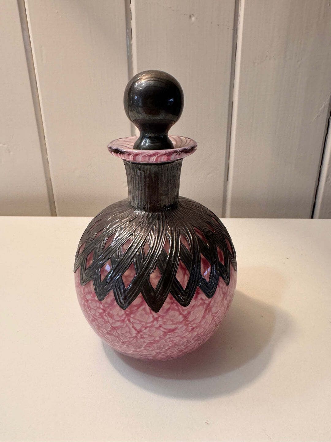 Vintage Sileda Ltd Silver Overlay Art Deco Style Hand Blown Pink Glass Perfume Bottle With Stopper