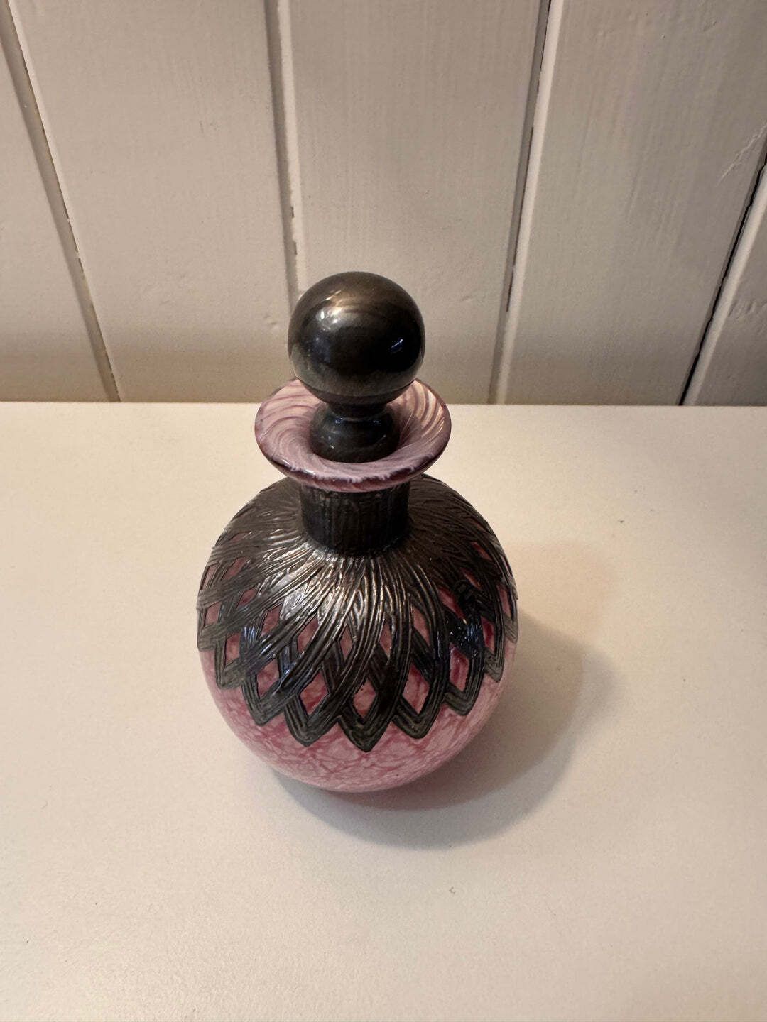 Vintage Sileda Ltd Silver Overlay Art Deco Style Hand Blown Pink Glass Perfume Bottle With Stopper photo for sale