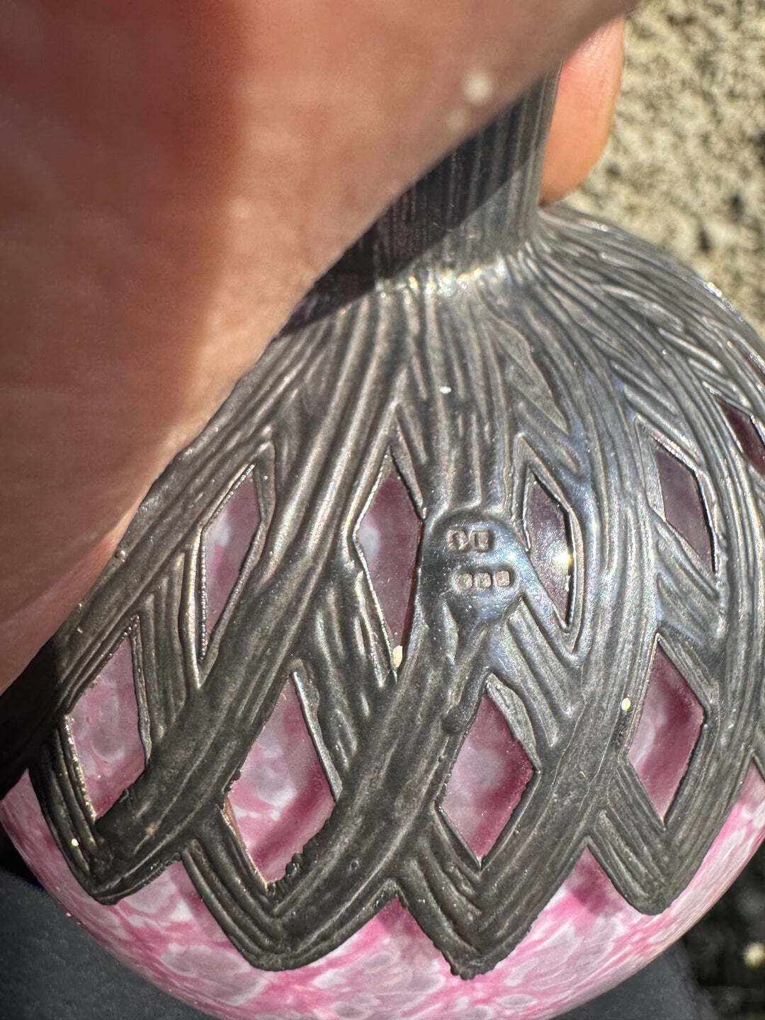 photo for sale Vintage Sileda Ltd Silver Overlay Art Deco Style Hand Blown Pink Glass Perfume Bottle With Stopper