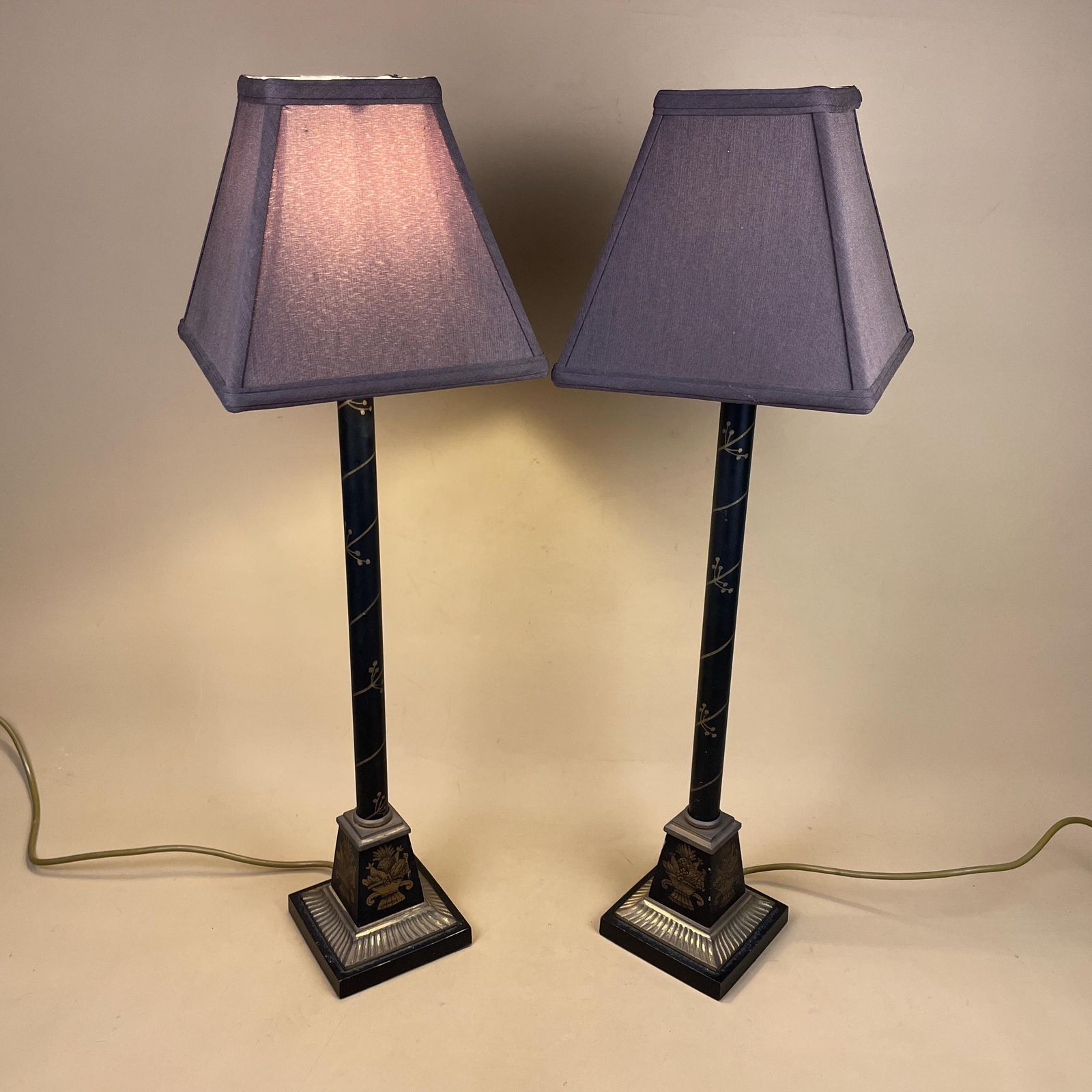Black Hand Painted Lamps Pair Vintage Tall Neoclassical Style Table Lamps With Shades Hollywood Regency Black Gold Column photo buy