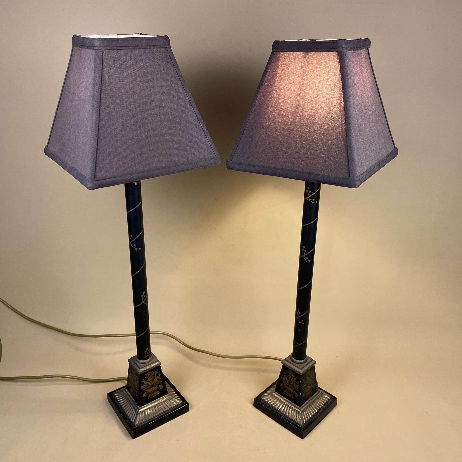 Black Hand Painted Lamps Pair Vintage Tall Neoclassical Style Table Lamps With Shades Hollywood Regency Black Gold Column photo vintage