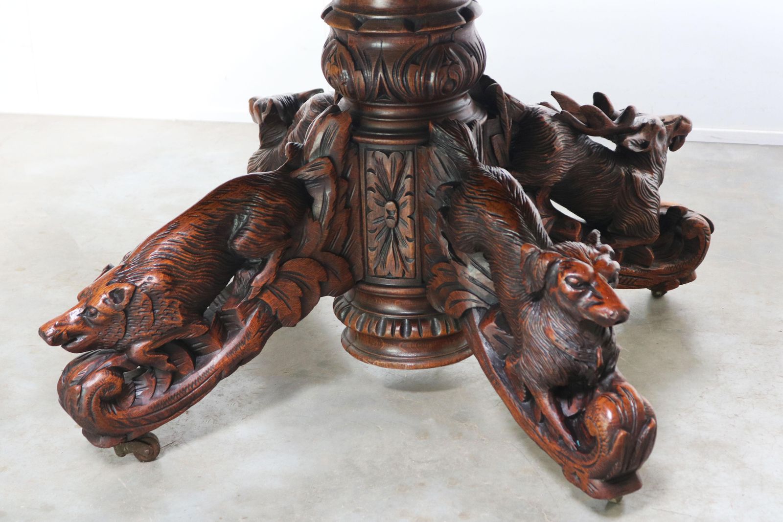 photo for sale 19th Century French Antique Oak Oval Dining Hunt Table Black Forest Animal Lodge