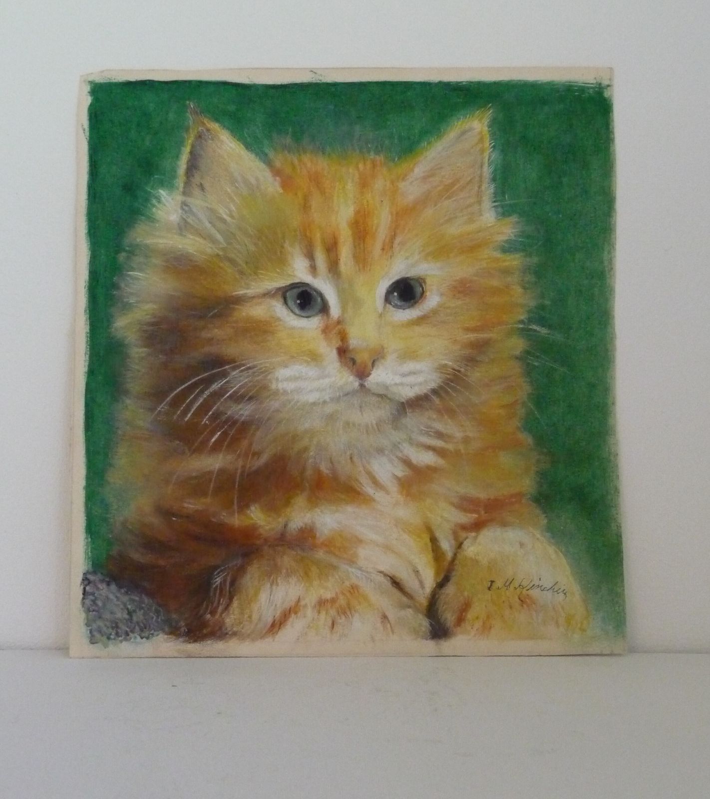 Mixed Media Art In Walnut Frame Ginger Cat Portrait: Early 20th Century photo Art