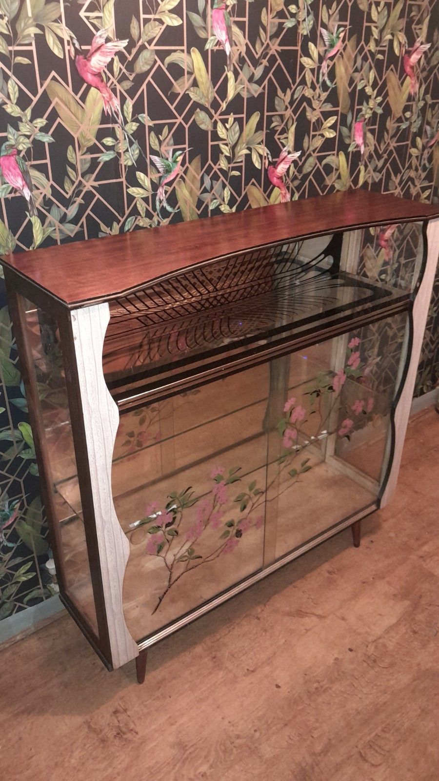 Mid Century 1950s Glass Cocktail/Display Cabinet With Floral Glass Sliding Doors photo furniture