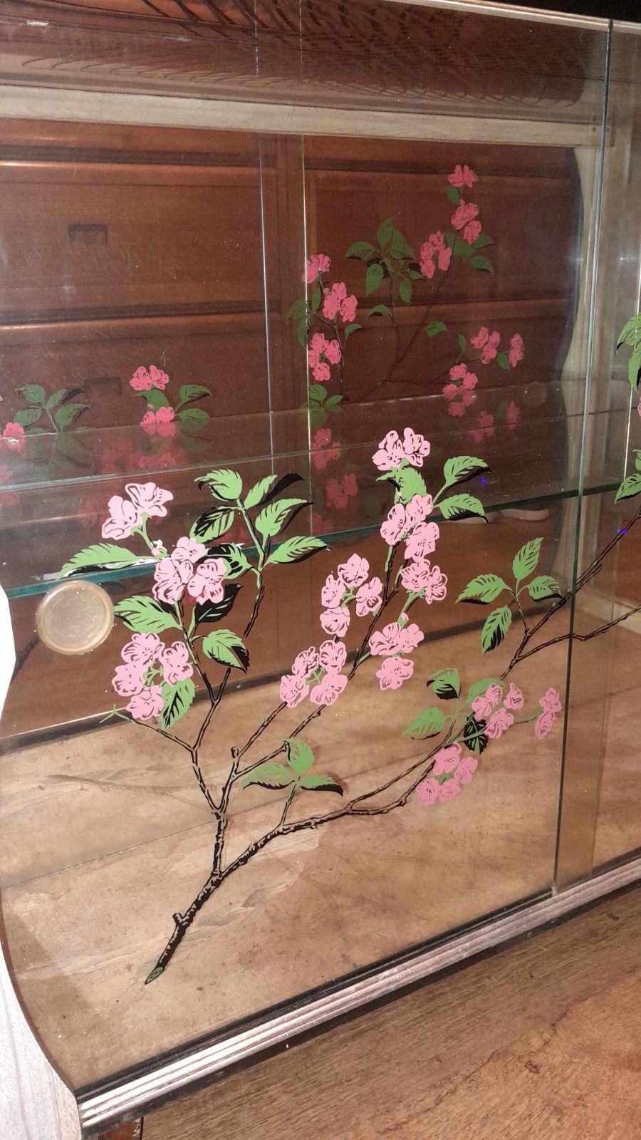 Mid Century 1950s Glass Cocktail/Display Cabinet With Floral Glass Sliding Doors photo 298.0