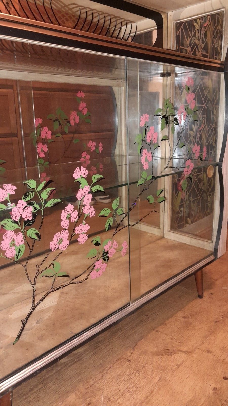 Mid Century 1950s Glass Cocktail/Display Cabinet With Floral Glass Sliding Doors photo vinterior