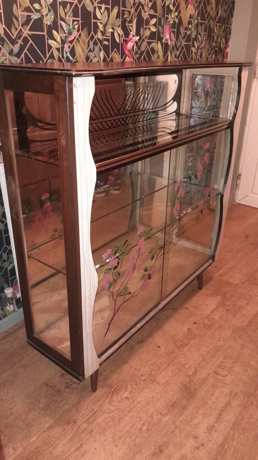 photo furniture Mid Century 1950s Glass Cocktail/Display Cabinet With Floral Glass Sliding Doors