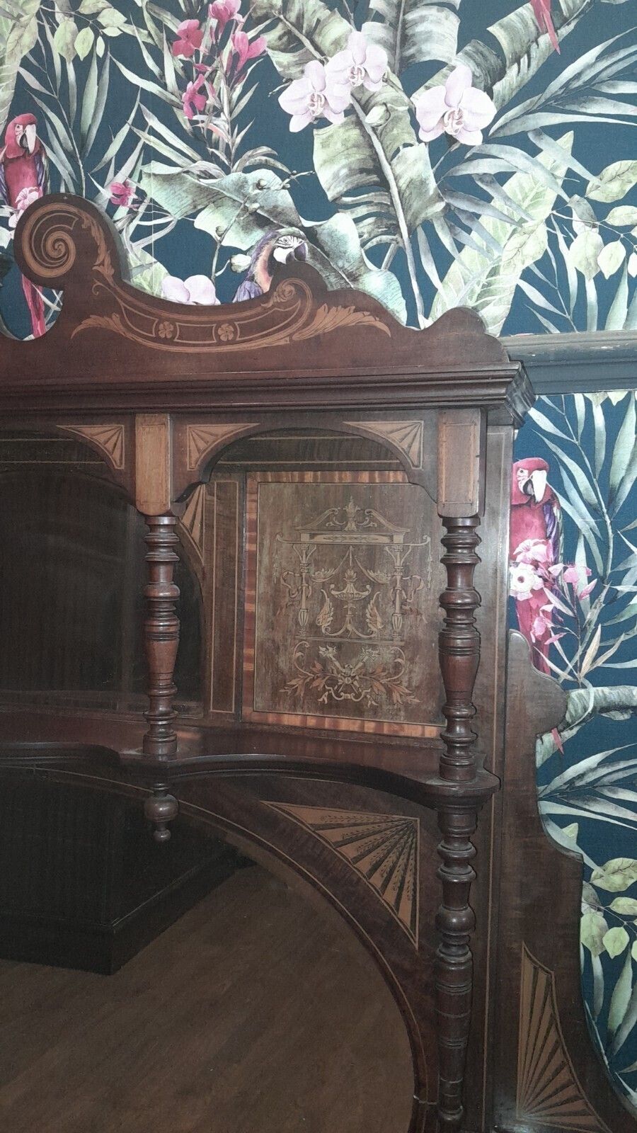 Antique Large Inlayed Mahogany Overmantel 2 Mirrors And 3 Shelves photo for sale
