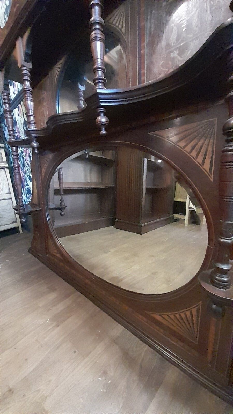 photo furniture Antique Large Inlayed Mahogany Overmantel 2 Mirrors And 3 Shelves