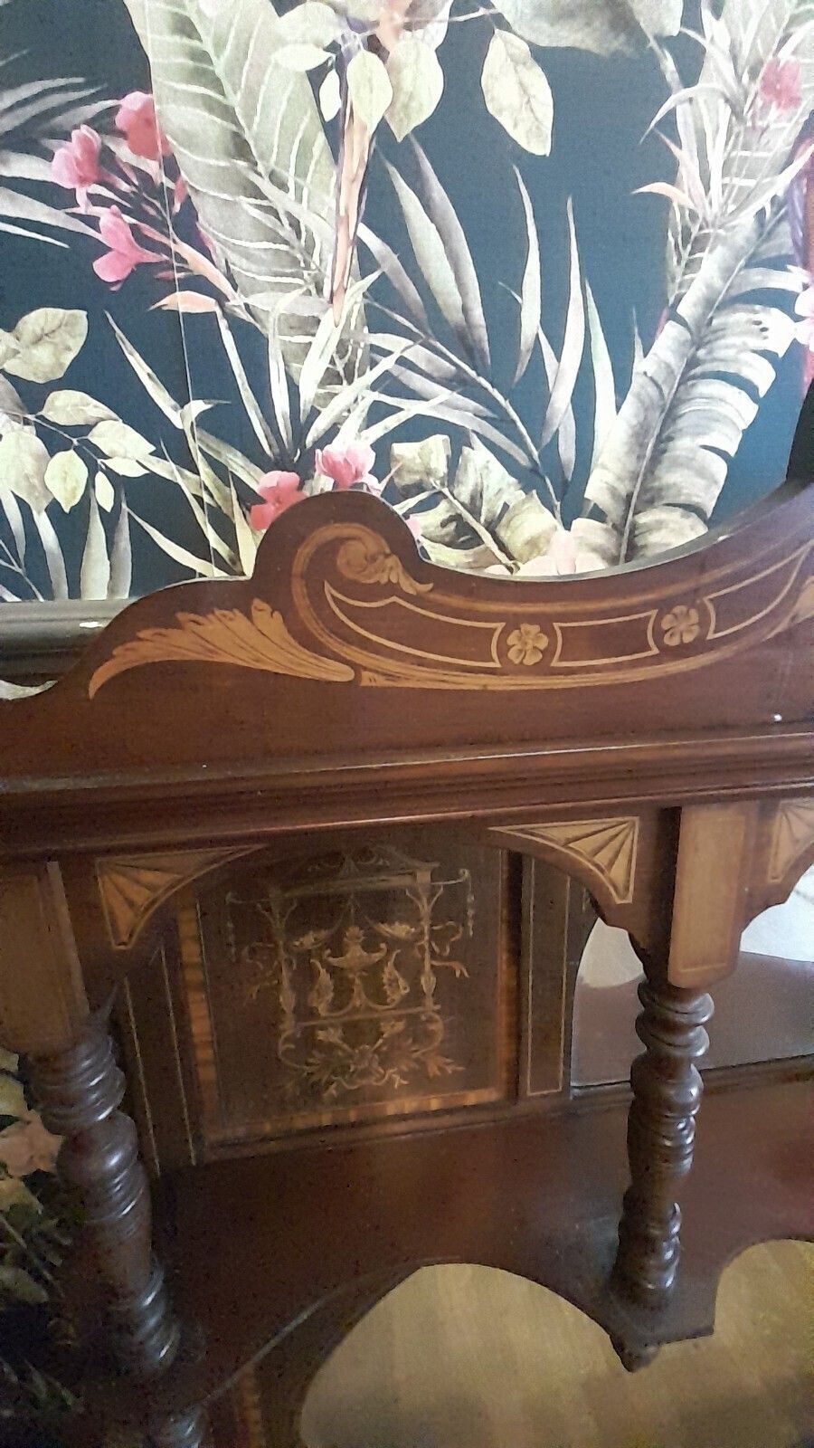 599.0 Antique Large Inlayed Mahogany Overmantel 2 Mirrors And 3 Shelves photo