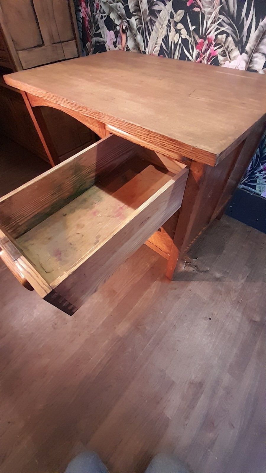Mid Century Oak Small Desk With 2 Drawers And Pull Out Shelf photo vintage