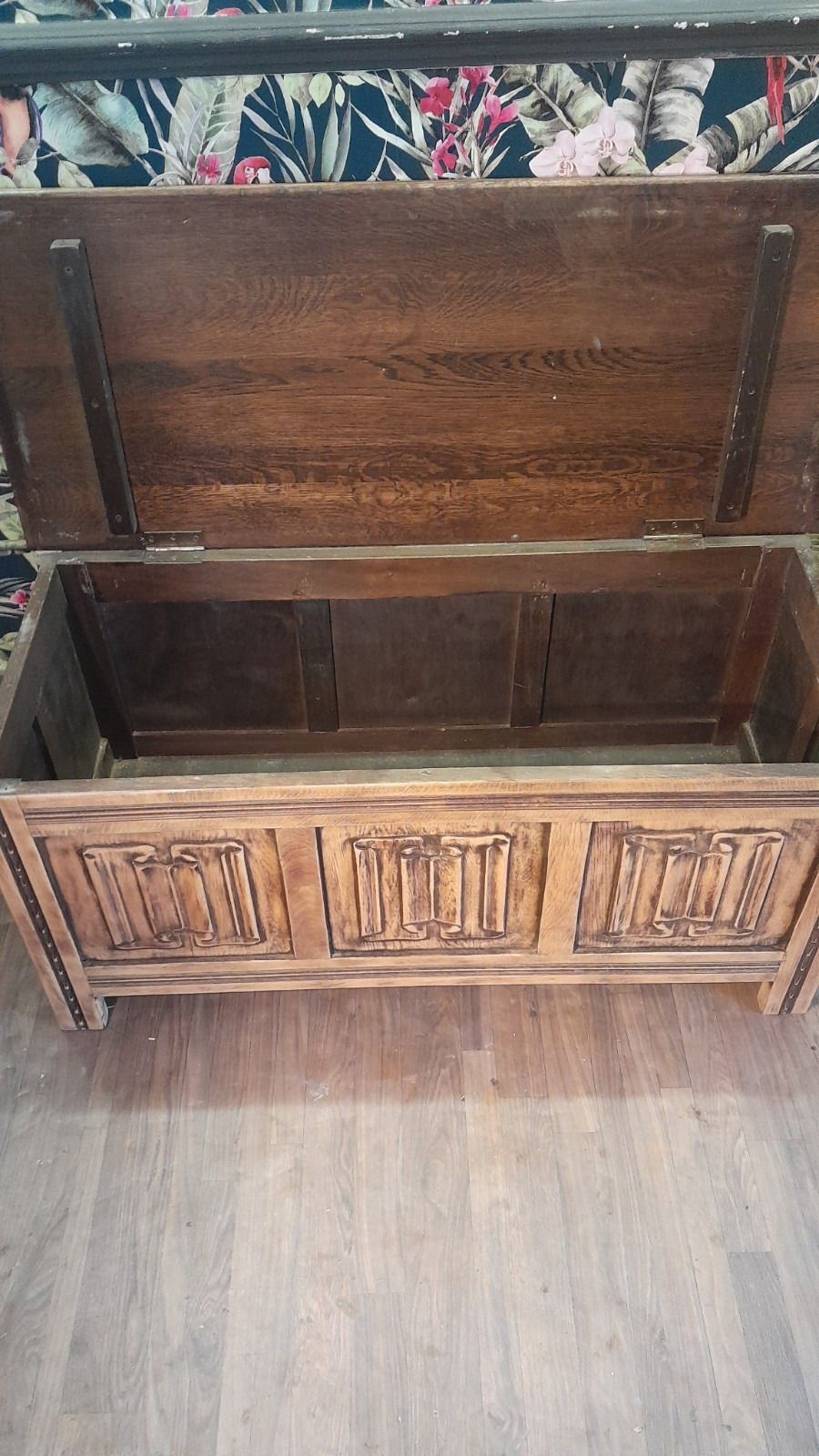 Vintage Solid Carved Oak Blanket Chest With Hinged Lid photo vintage