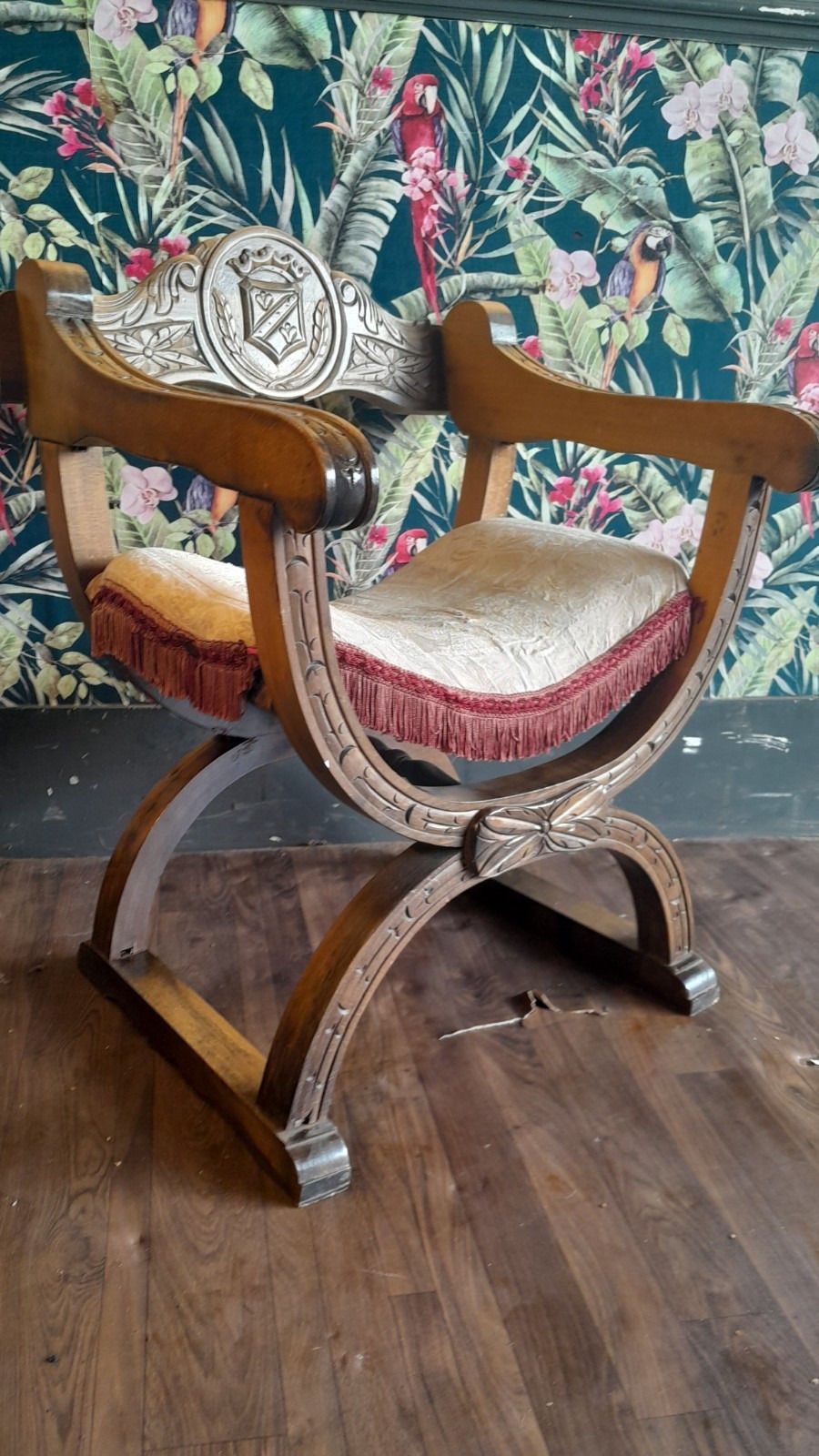 Antique Oak X Framed Dagobert Chair With Intricate Carvings