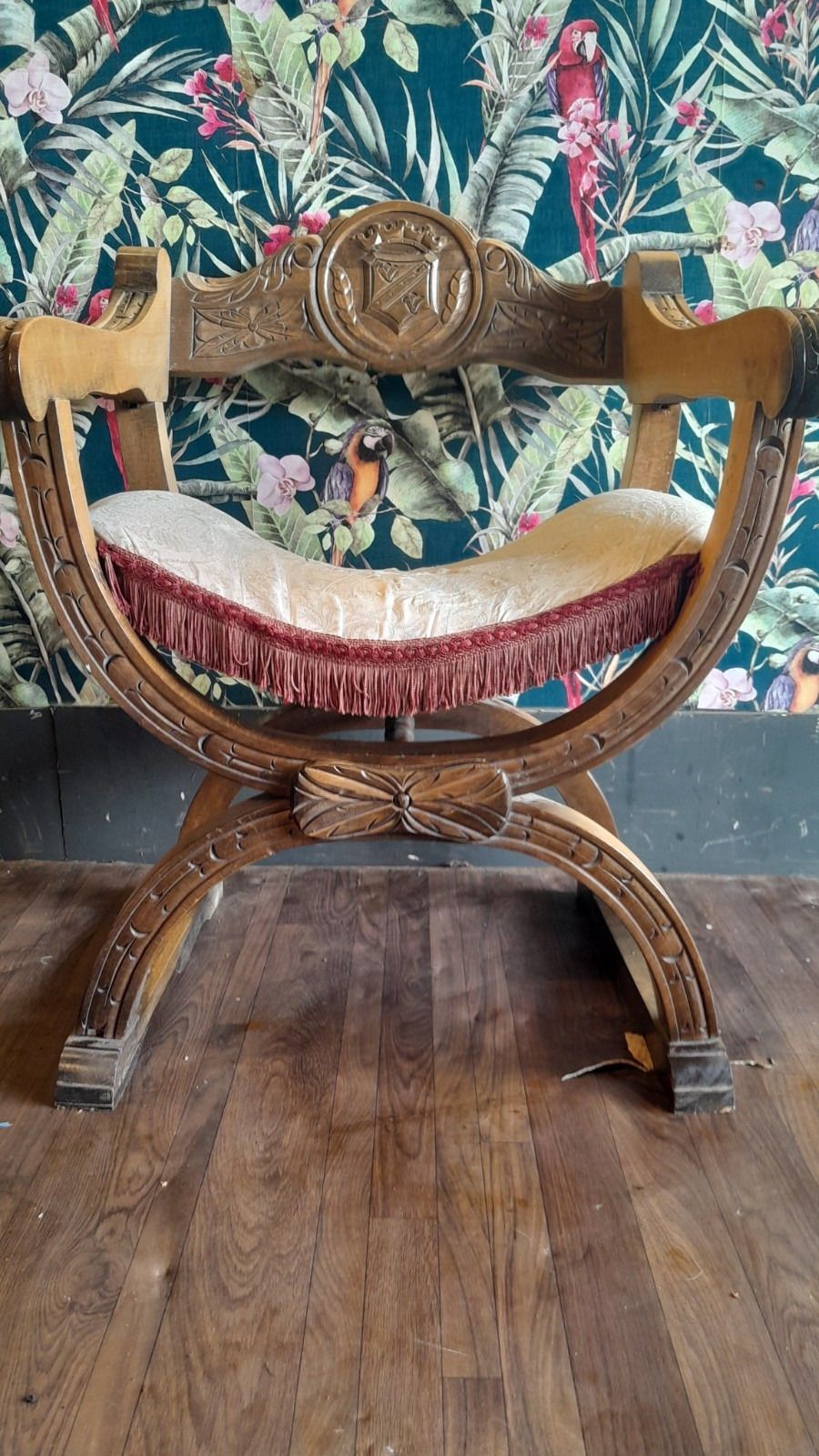Antique Oak X Framed Dagobert Chair With Intricate Carvings photo furniture