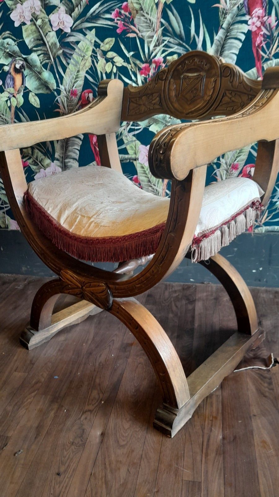 Antique Oak X Framed Dagobert Chair With Intricate Carvings photo for sale
