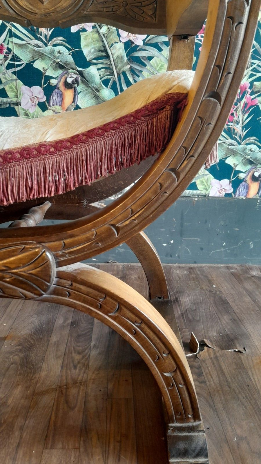 Antique Oak X Framed Dagobert Chair With Intricate Carvings photo buy