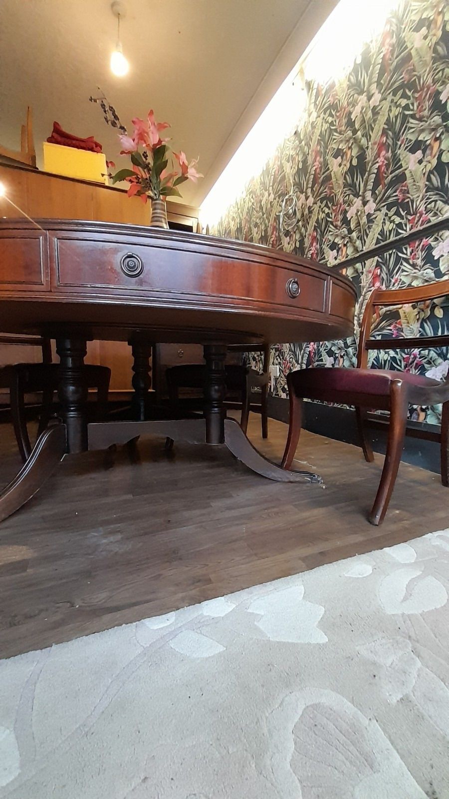 Antique Stunning Large Circular Manogany Dining Table With Drawers And 4 Matching Chairs photo for sale