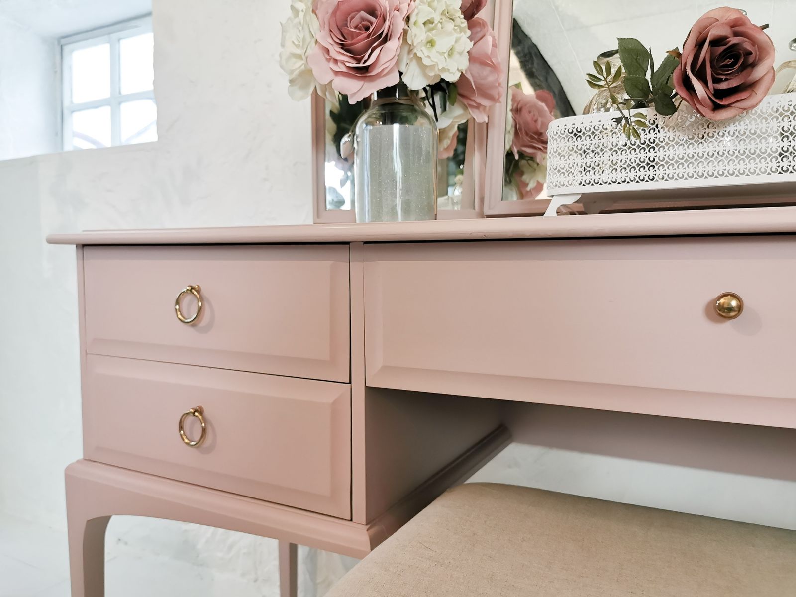 Furniture Spray Painted Dusky Pink Stag Minstrel Dressing Table Set With Triple Mirror & Stool photo