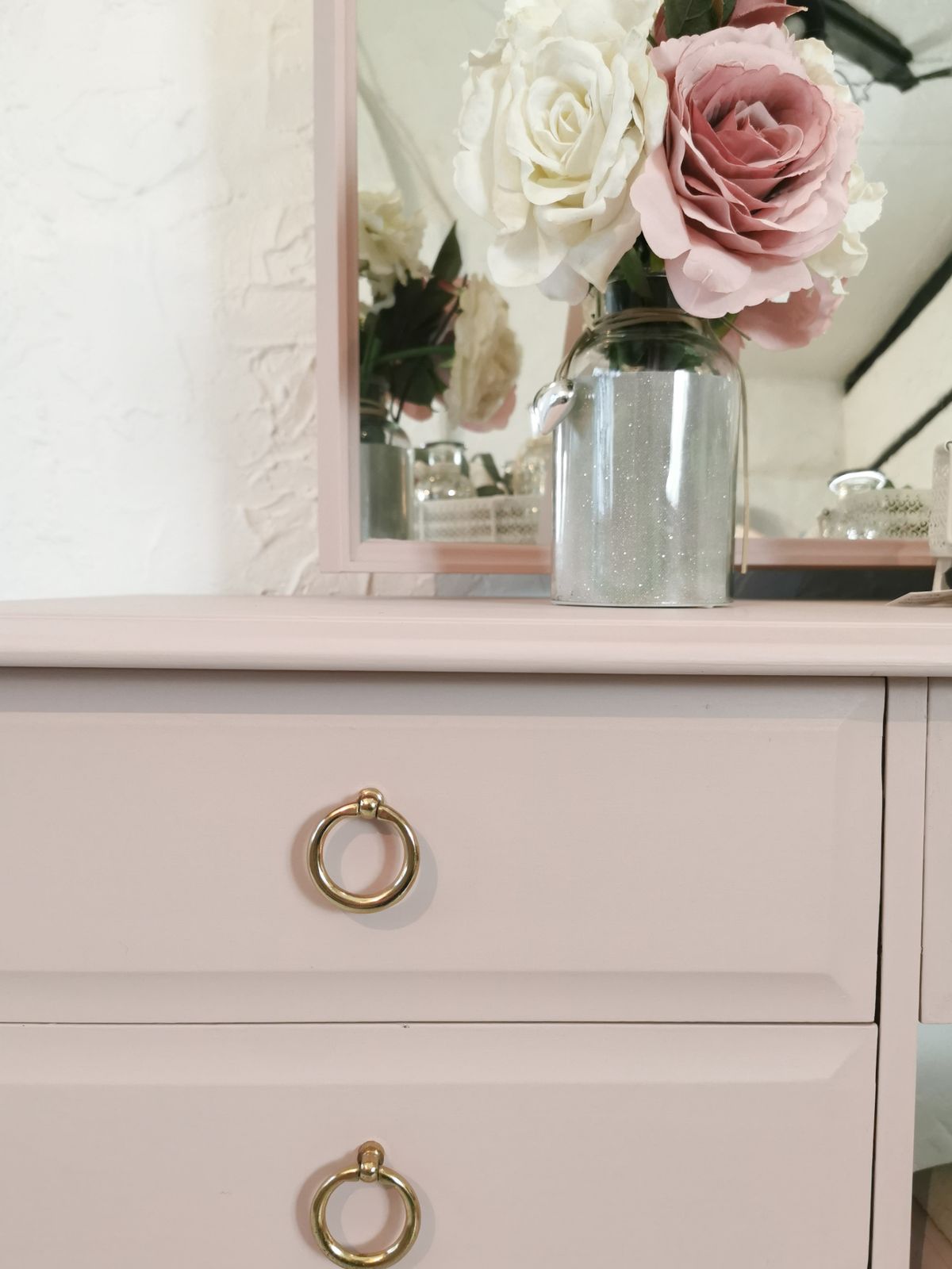 625.0 Spray Painted Dusky Pink Stag Minstrel Dressing Table Set With Triple Mirror & Stool photo