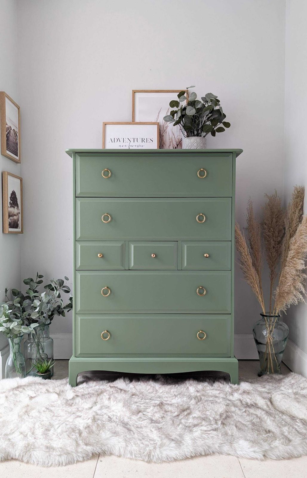 Spray Painted Sage Green Stag Minstrel Tallboy Chest Of Drawers