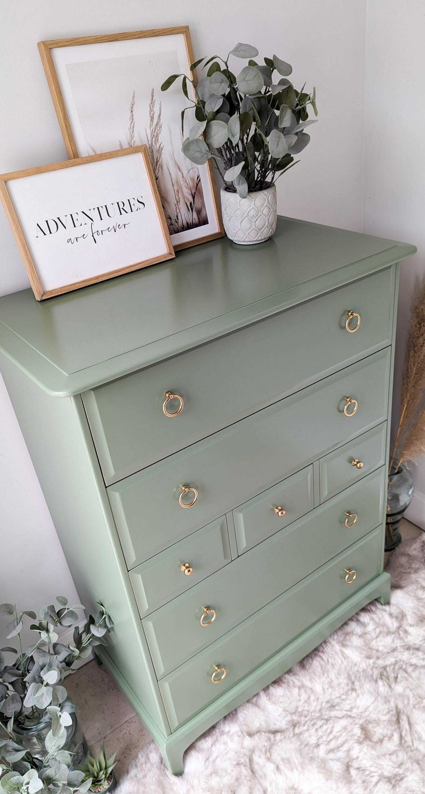 Spray Painted Sage Green Stag Minstrel Tallboy Chest Of Drawers photo vintage