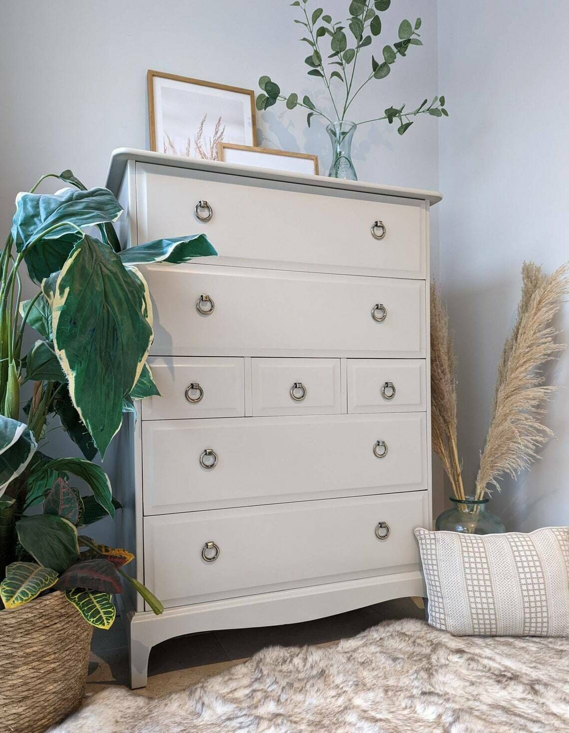 Spray Painted Light Taupe Stag Minstrel Tallboy Chest Of Drawers photo furniture