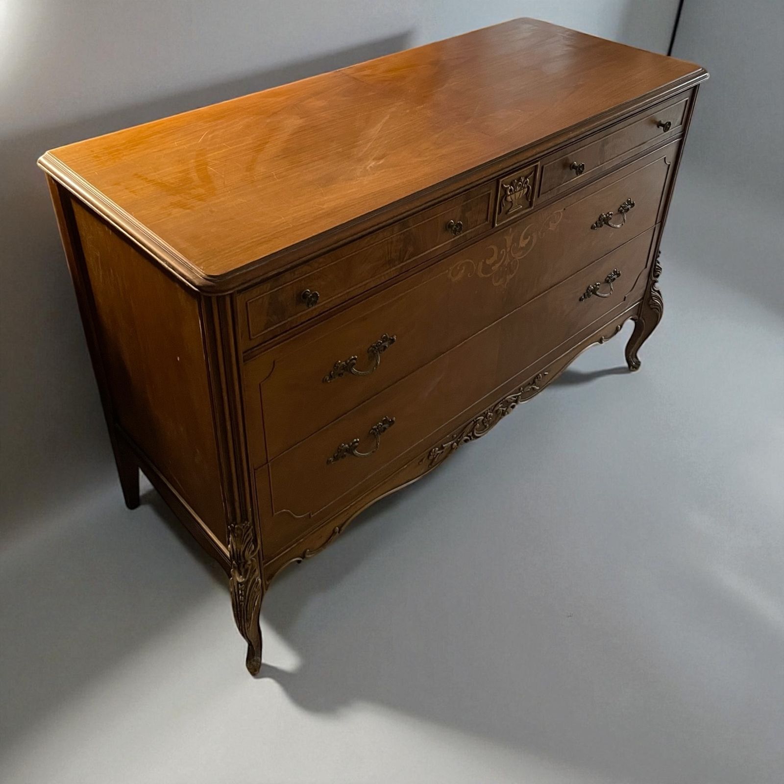 Inlaid Burl Walnut French Large Wide Chest Drawers 1930s photo vinterior