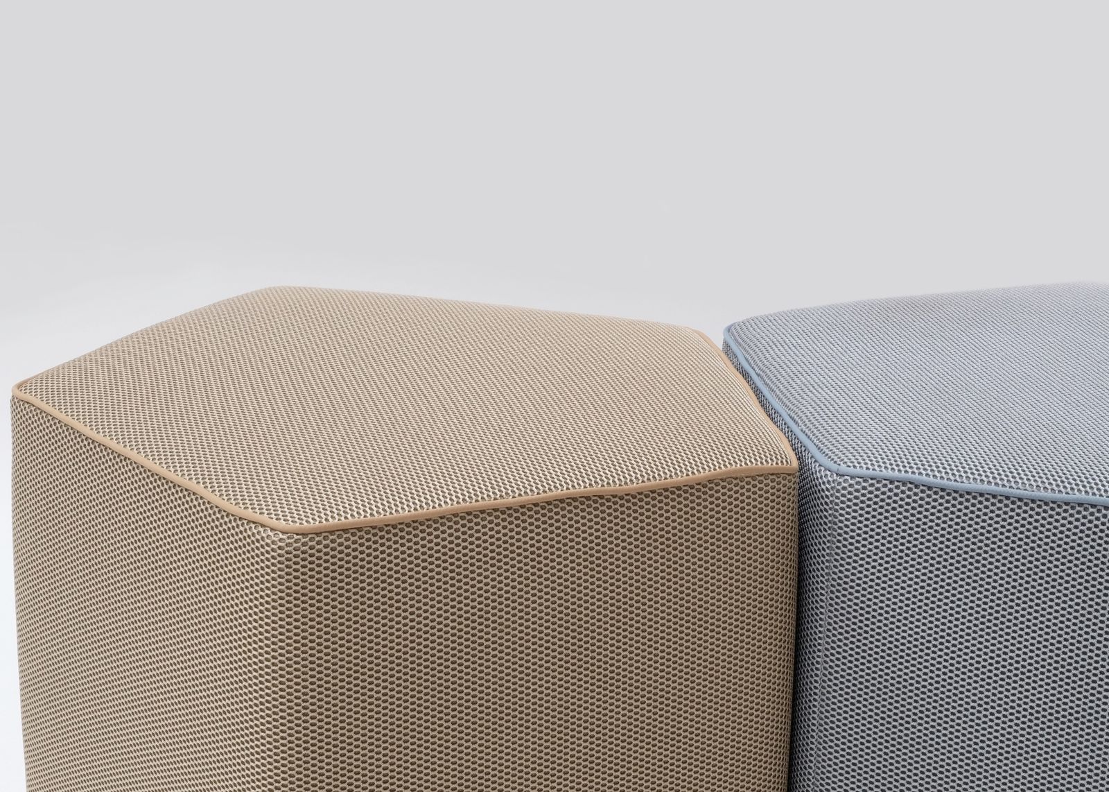 Set Of Two Contemporary Upholstered Ottomans, Design "Pentagon Stool", Covered In High Quality 3d Structured Fabric, Colour Silver Blue And Gold photo Furniture