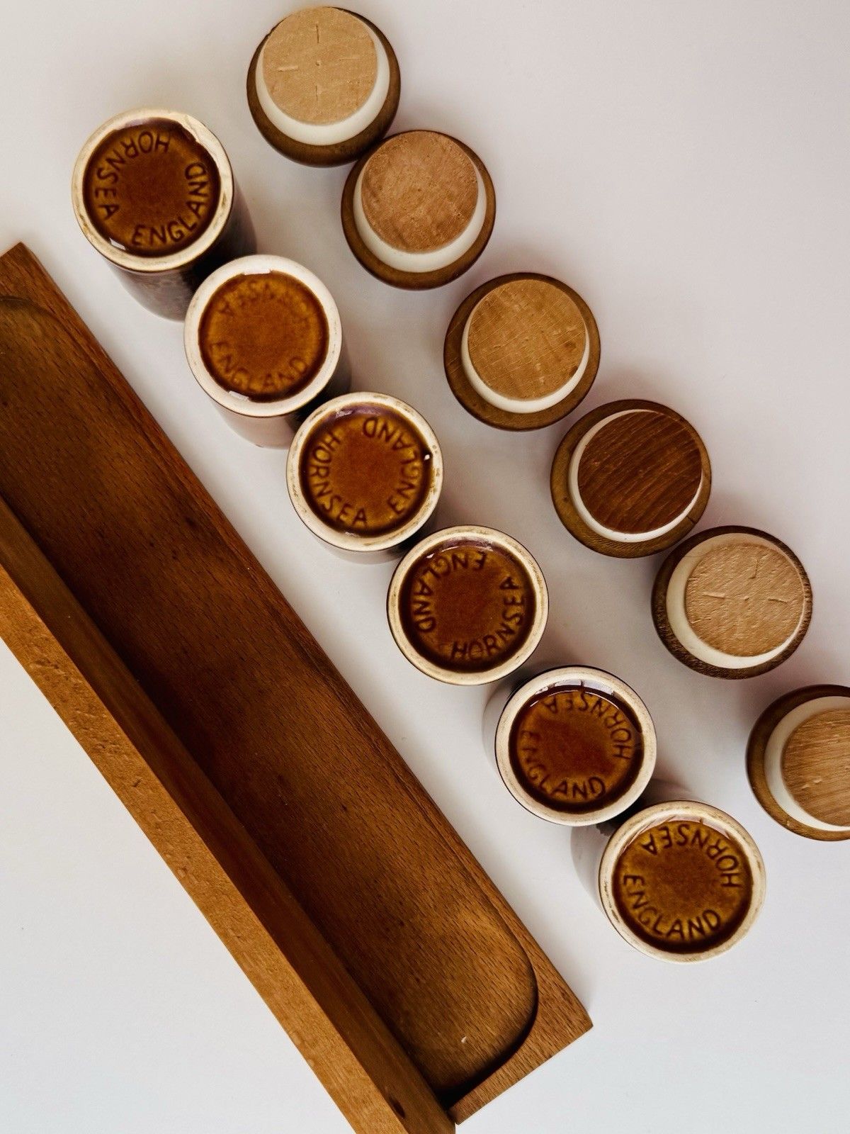 photo for sale 1960s Hornsea Pottery Scroll 6 Spice Jars With Turned Stoppers & Wooden Rack