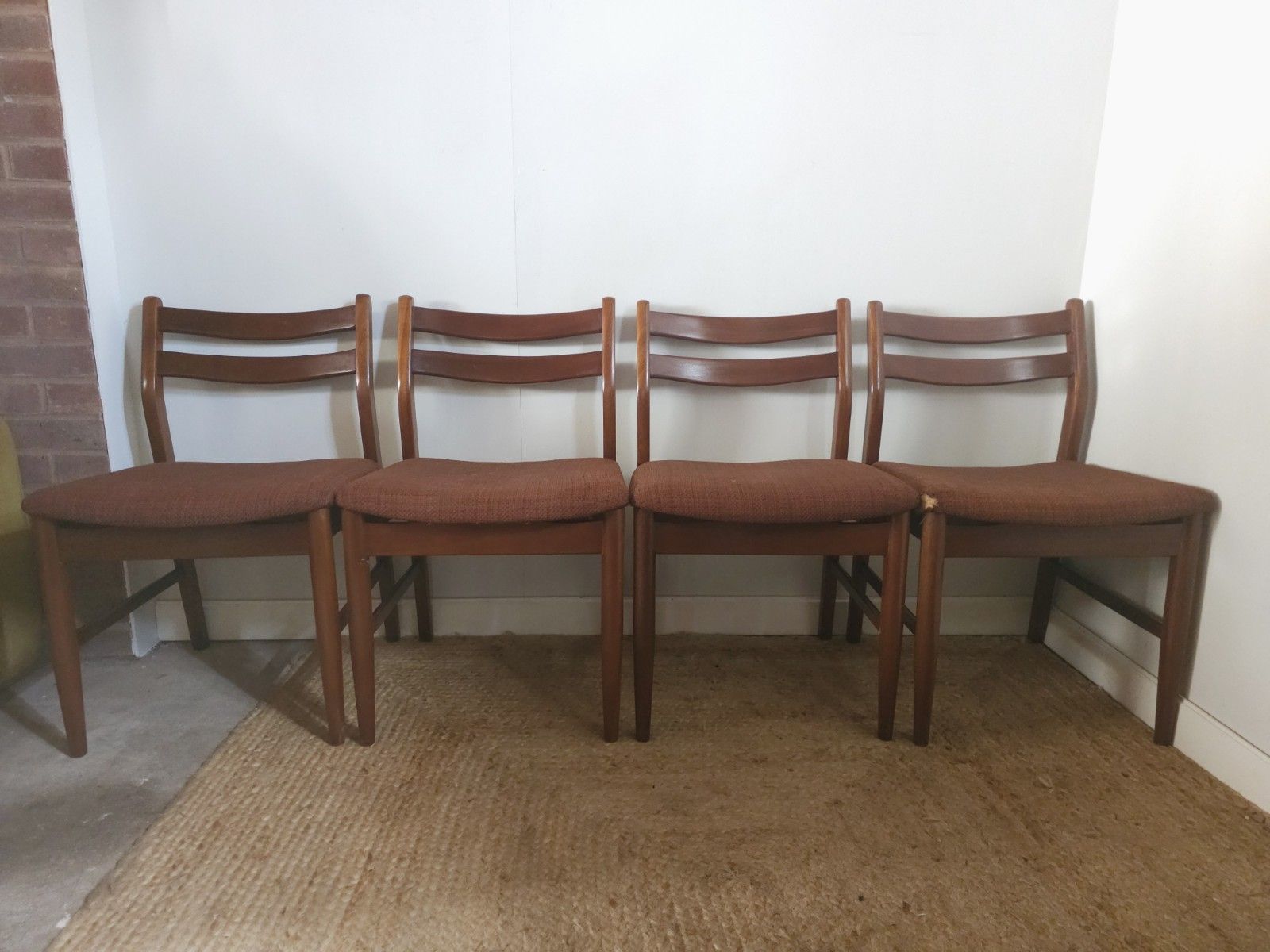 Retro Jentique Dining Chairs Mid Century Set Of 4 Dark Red Upholstery Delivery photo for sale