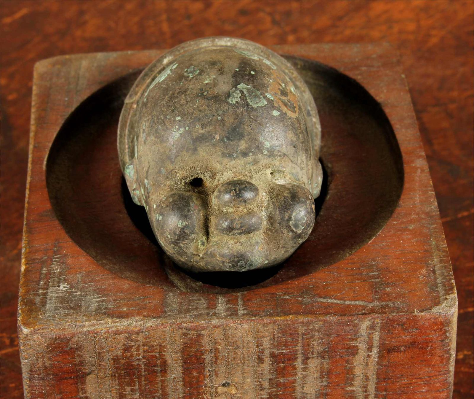 Small Vintage Copper Head Mould & Wood Stand. Bella France Doll Head. photo for sale