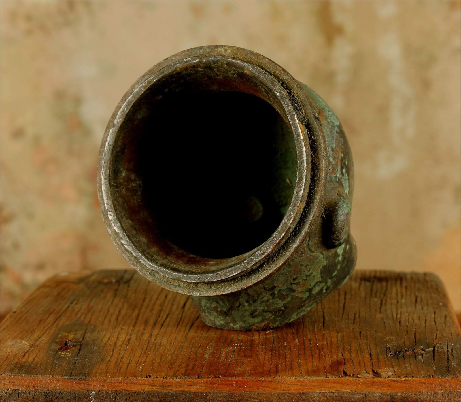 photo furniture Small Vintage Copper Head Mould & Wood Stand. Bella France Doll Head.