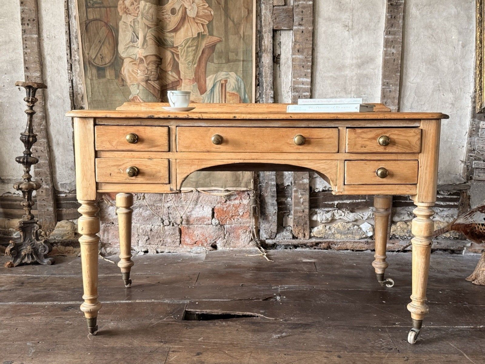 Original English Farmhouse Rustic Antique Pine Writing Office Table Desk 1860c photo furniture