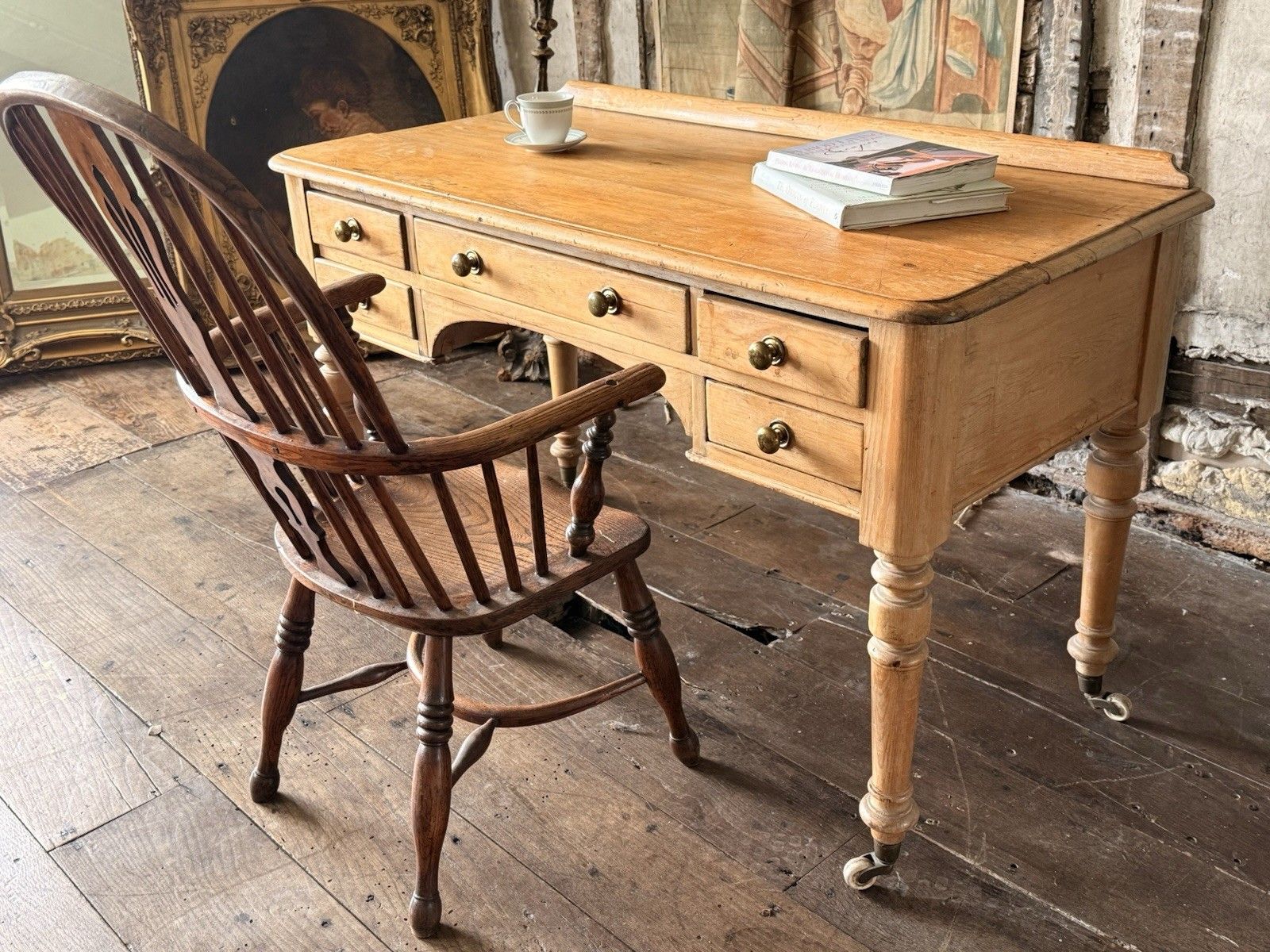 Original English Farmhouse Rustic Antique Pine Writing Office Table Desk 1860c photo vinterior