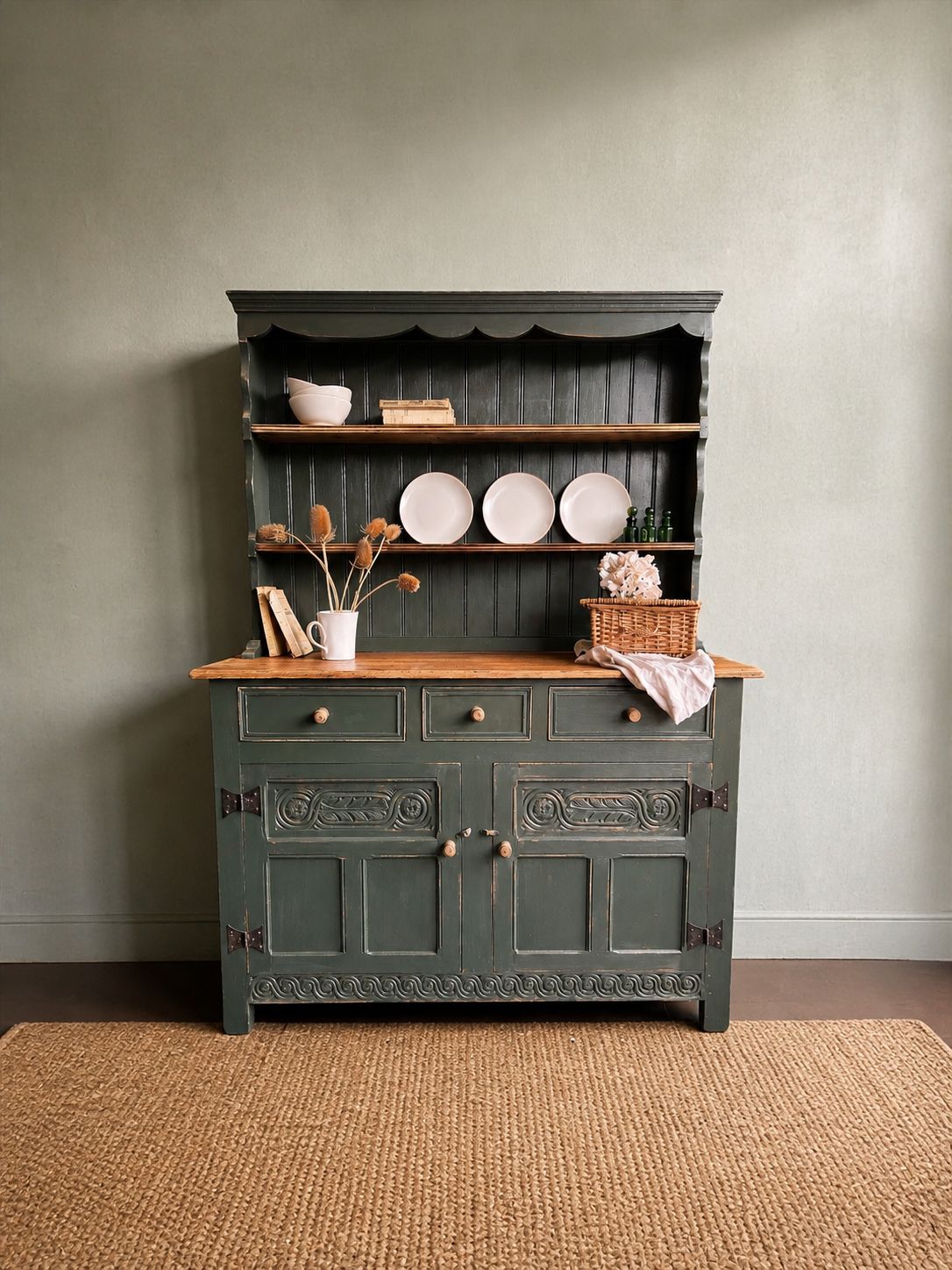 Mosswood Kitchen Dresser – Vintage Painted Pine With Carved Detail
