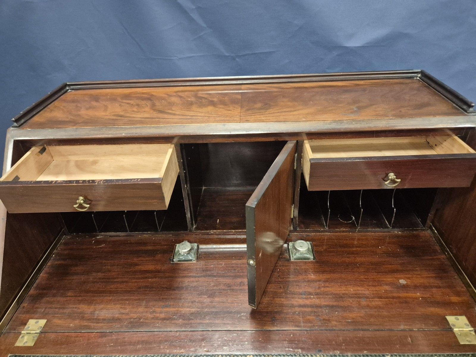 Vintage Queen Anne Style Burr Walnut Writing Bureau With Inkwells And Keys photo vintage