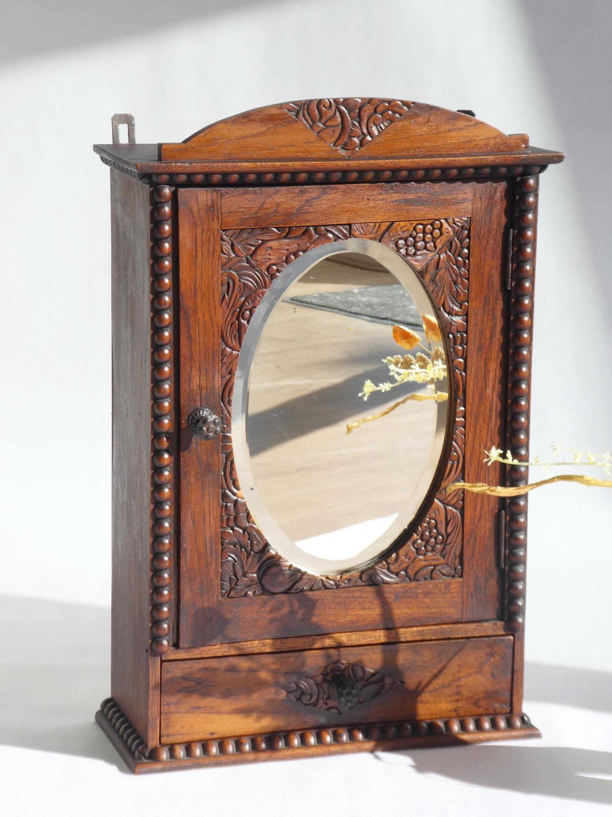 Art Deco Antique Dark Wooden Apothecary, Small Mirror Cabinet Floral Carved, Medicine Cabinet With Shelf photo furniture