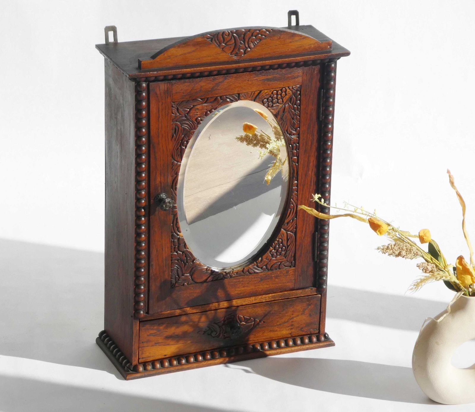 Art Deco Antique Dark Wooden Apothecary, Small Mirror Cabinet Floral Carved, Medicine Cabinet With Shelf photo for sale