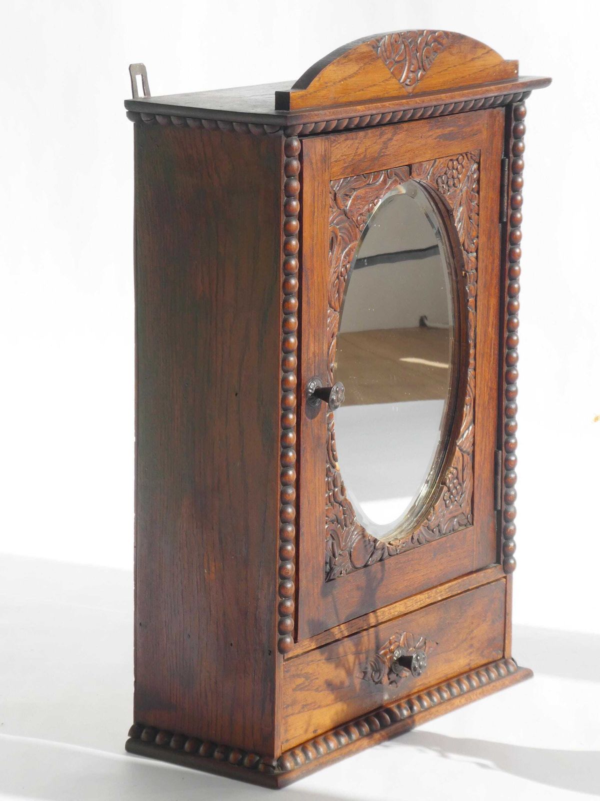 Art Deco Antique Dark Wooden Apothecary, Small Mirror Cabinet Floral Carved, Medicine Cabinet With Shelf photo vinterior