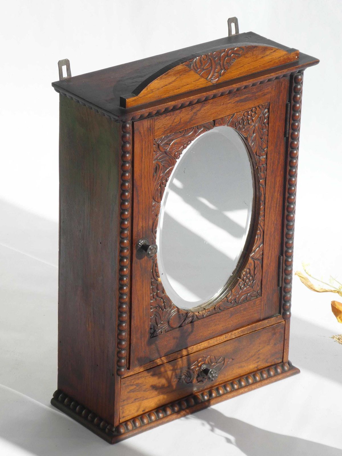 Art Deco Antique Dark Wooden Apothecary, Small Mirror Cabinet Floral Carved, Medicine Cabinet With Shelf photo vintage