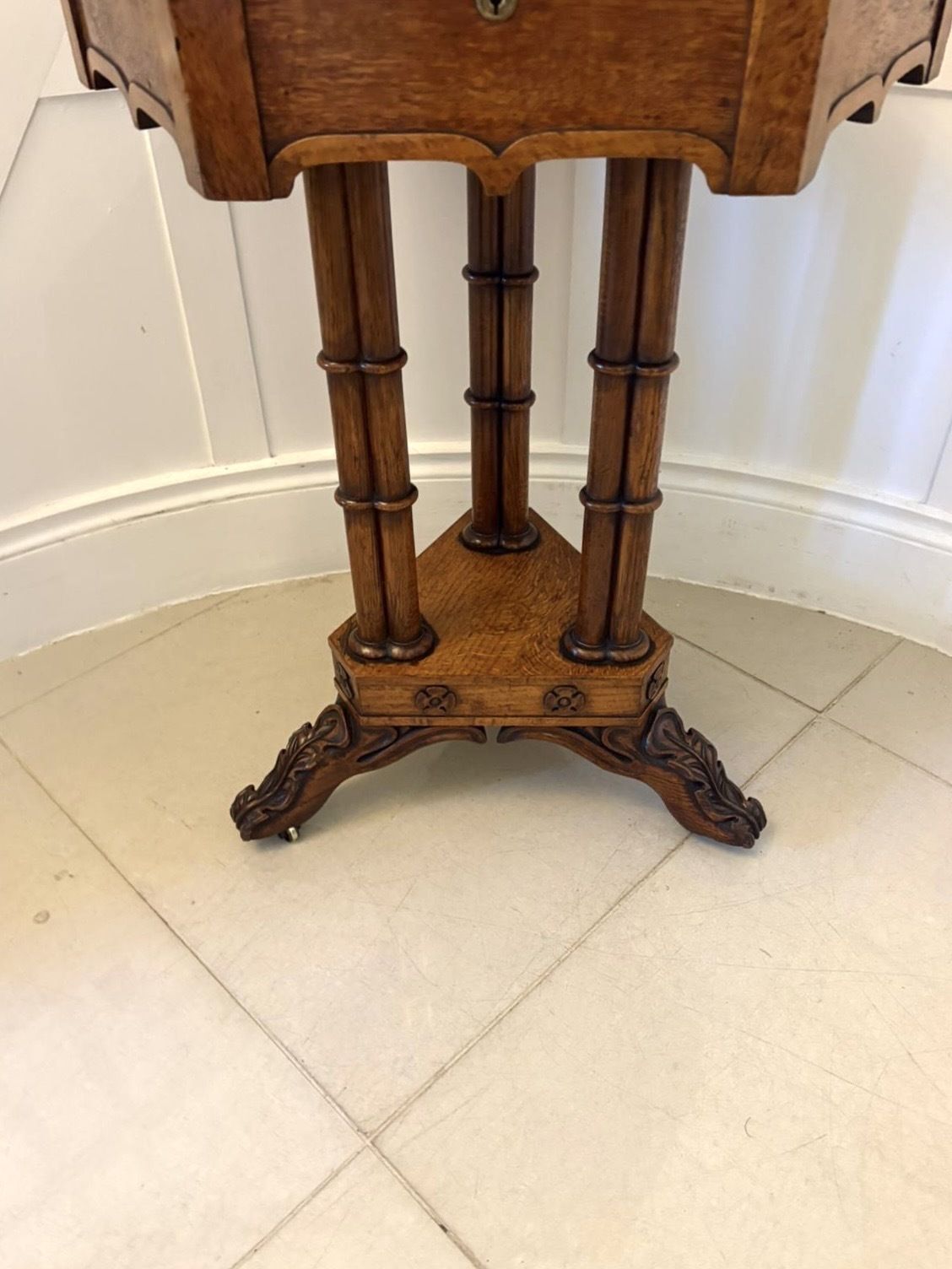photo furniture Antique 19th Century Pollard Oak Occasional Side Table Lift Top Carved Base