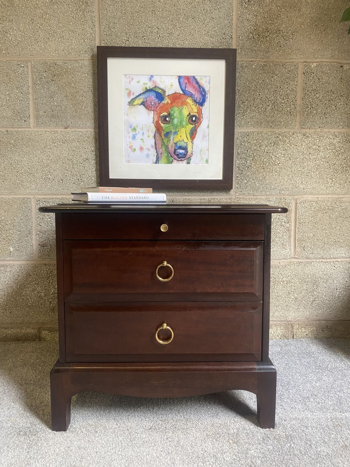 Vintage Mahogany Two Drawer Bedside Cabinet With Pull Out Slide – Brass Ring Handles photo for sale