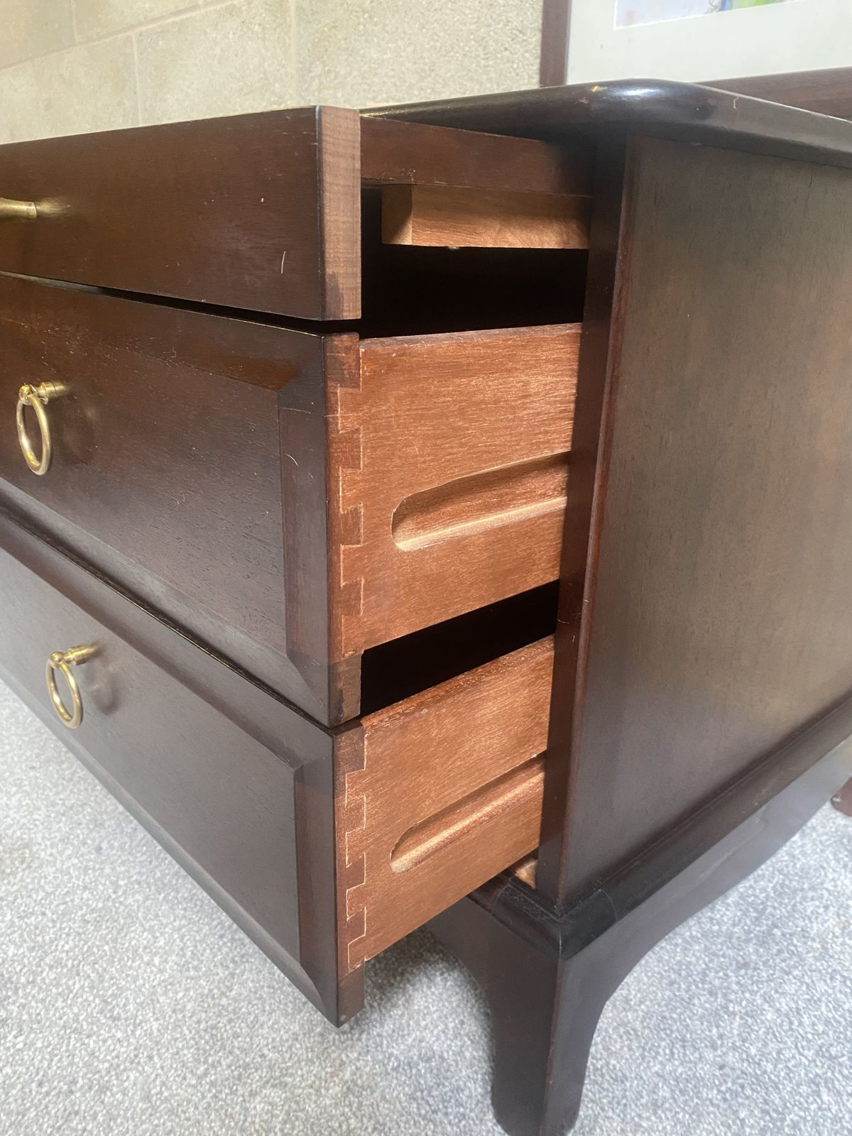 Vintage Mahogany Two Drawer Bedside Cabinet With Pull Out Slide – Brass Ring Handles photo 95.0
