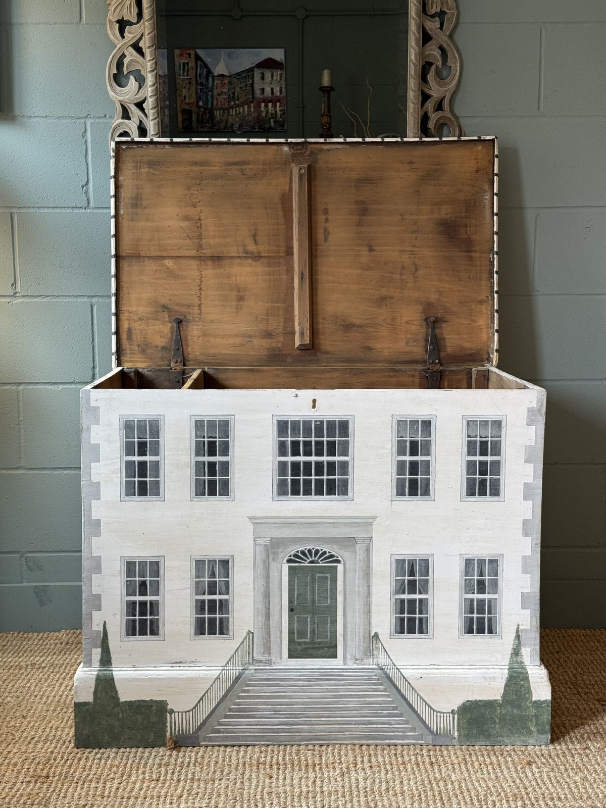 A Victorian Blanket Box Painted In The Style Of A Country Manor House photo for sale