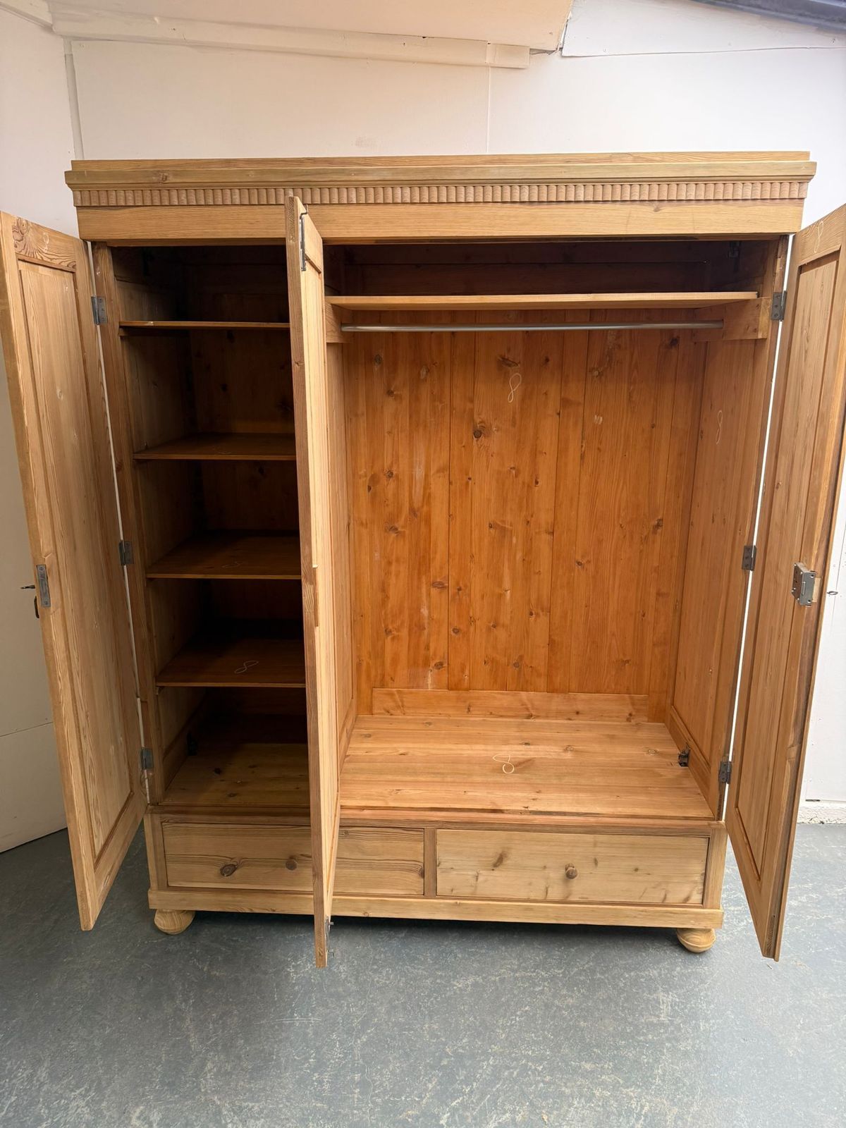 A Superb Large Antique Pine Triple Knockdown Wardrobe To Paint /Wax photo vintage