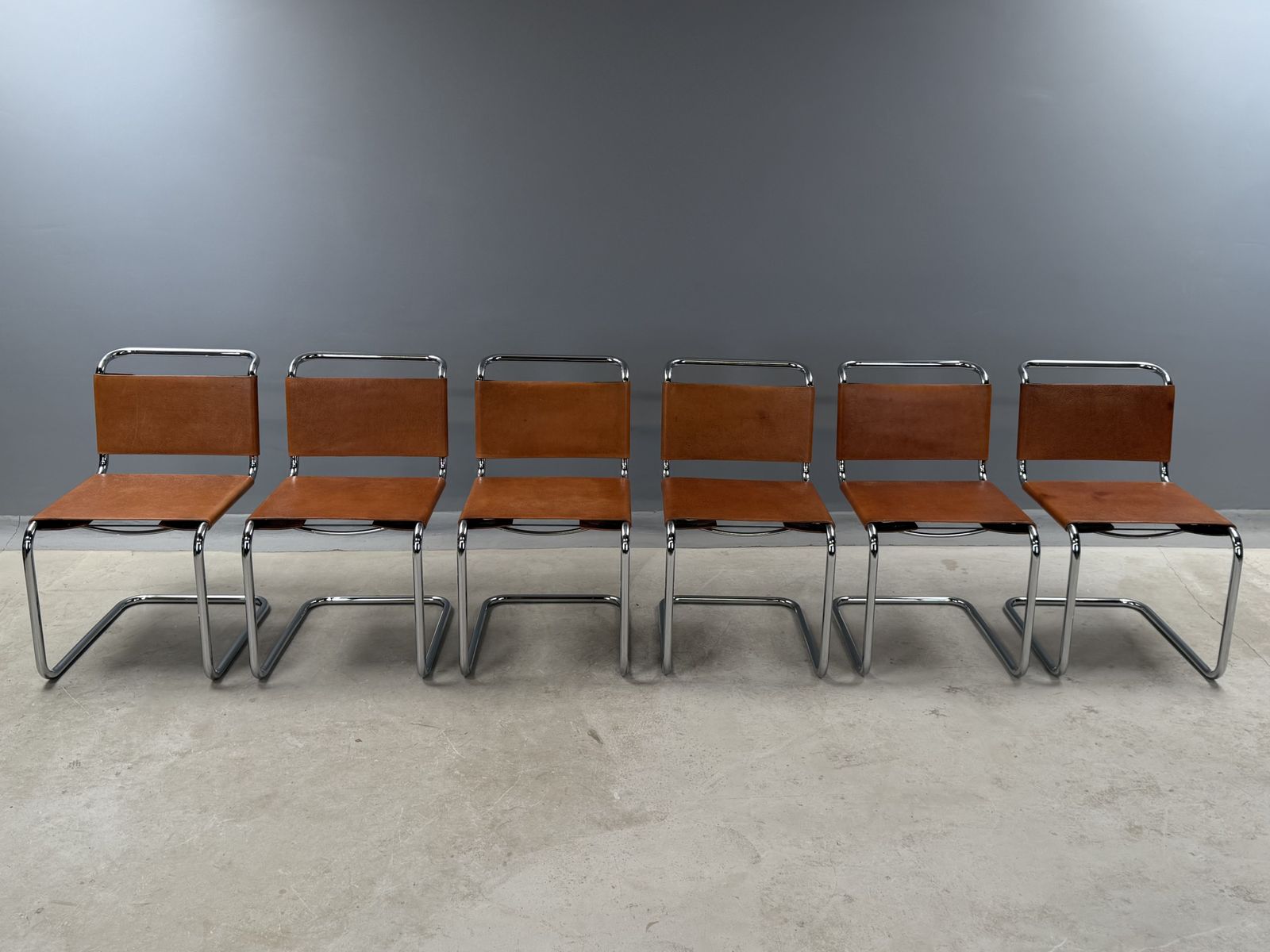 6 Dining Chairs Mart Stam Marcel Breuer S33 Set Of Six Chrome Tan Brown Cognac Leather Cantilever Bauhaus 6 Mid Century Dining Chairs photo for sale