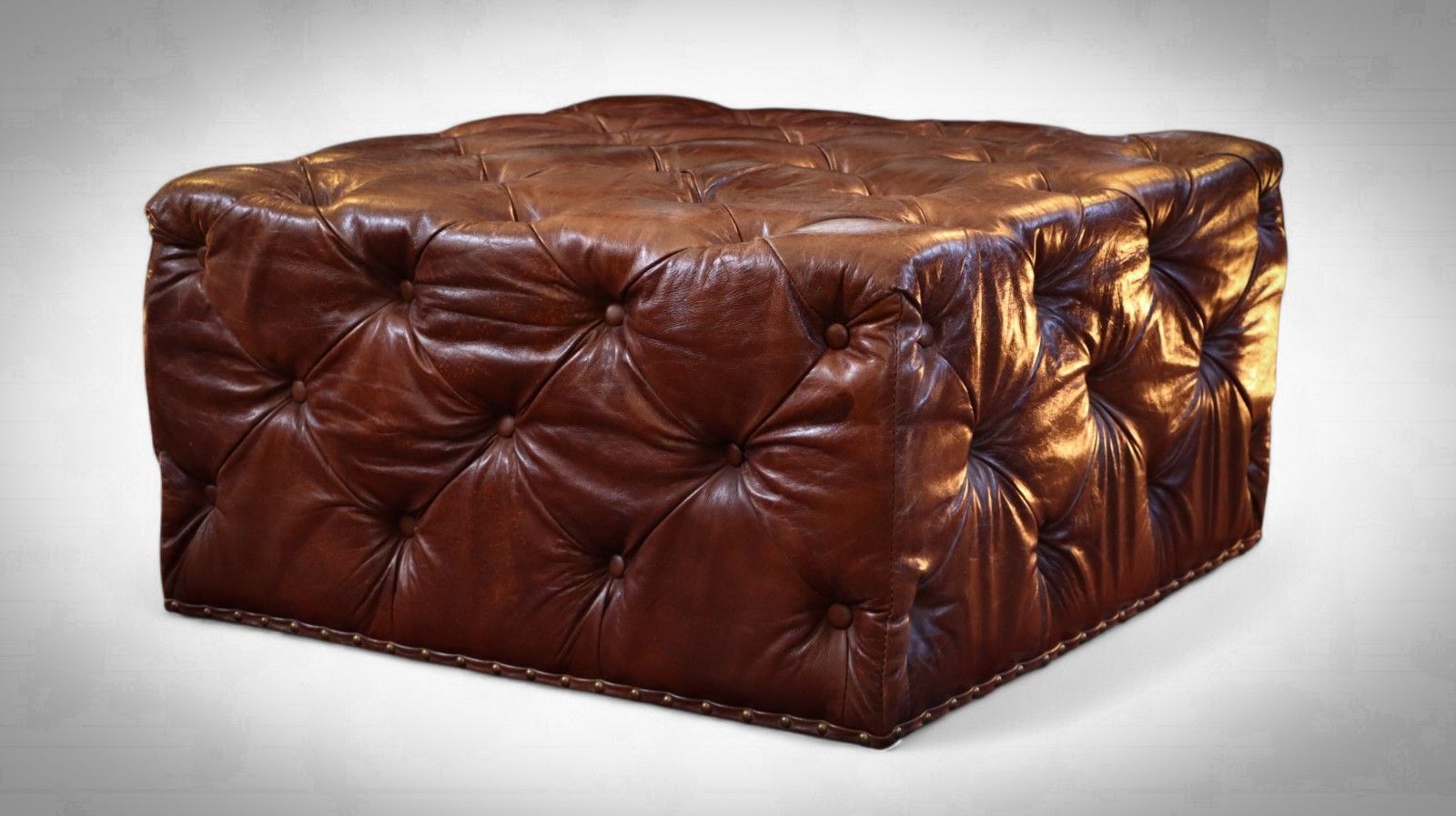 Timothy Oulton Lord Digsby Sqaure Leather Footstool Ottoman Antique Whisky Tan🚚
