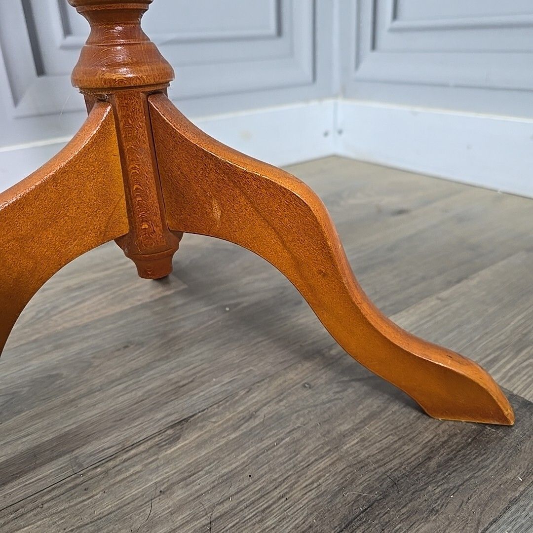 photo for sale Antique Side Wine Table Turned Pedestal Leg Plant Stand Leather Vintage Wooden